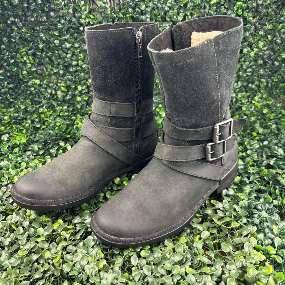 UGG LORNA BLACK SUEDE DOBLE BUCKLE STRAPS BOOTS SIZE 5.5 Woman
